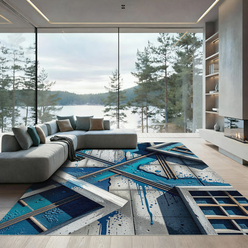 Abstract Blue Drip Concrete Frame Rug