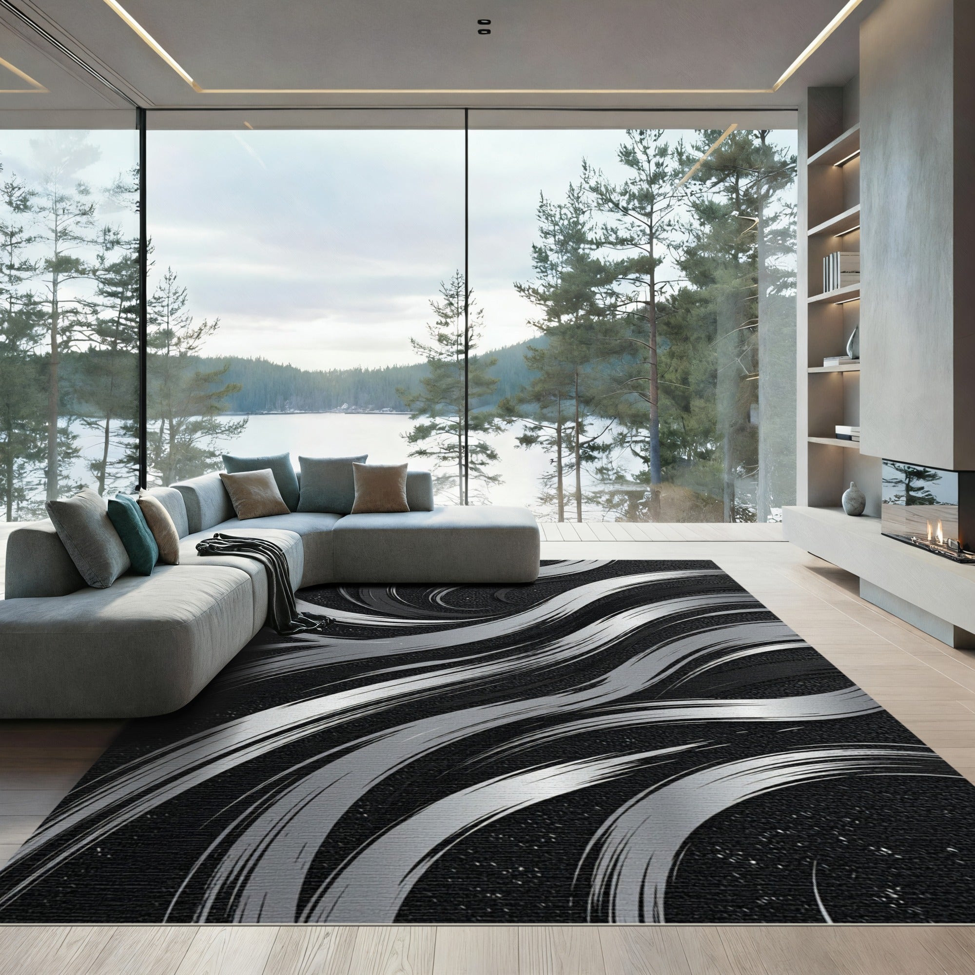 Modern Gray Swirl Brushstroke Rug