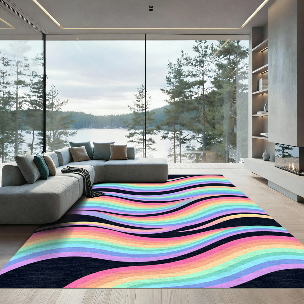 Vibrant Pastel Rainbow Wavy Lines Rug