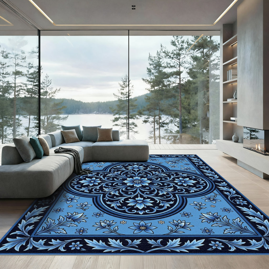 Vibrant Cobalt Floral Medallion Rug