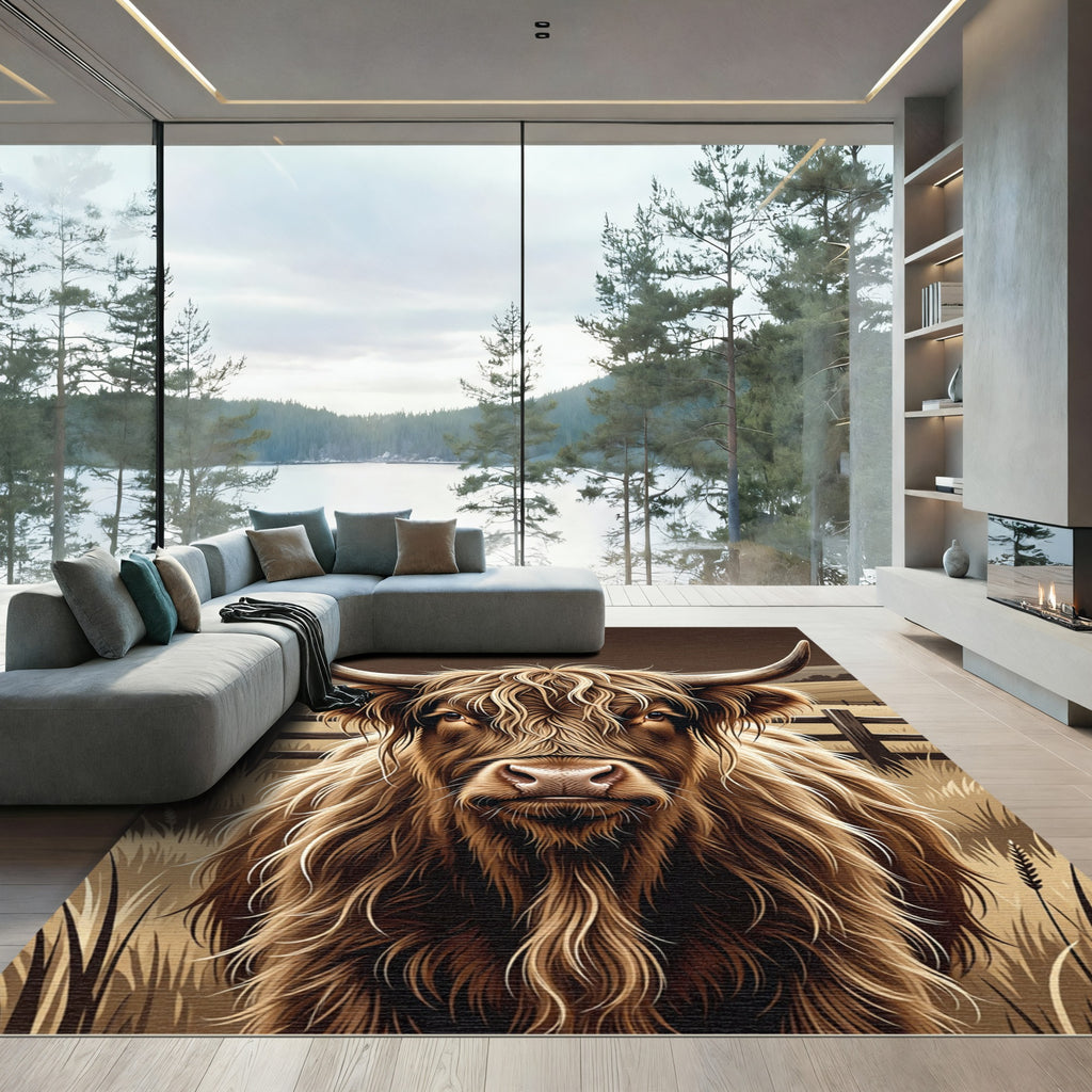 Majestic Highland Cow Portrait Earthy Tones Rug