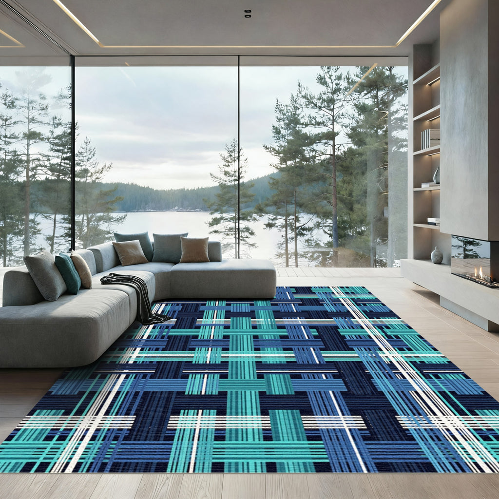 Teal and Navy Plaid Woven Grid Rug