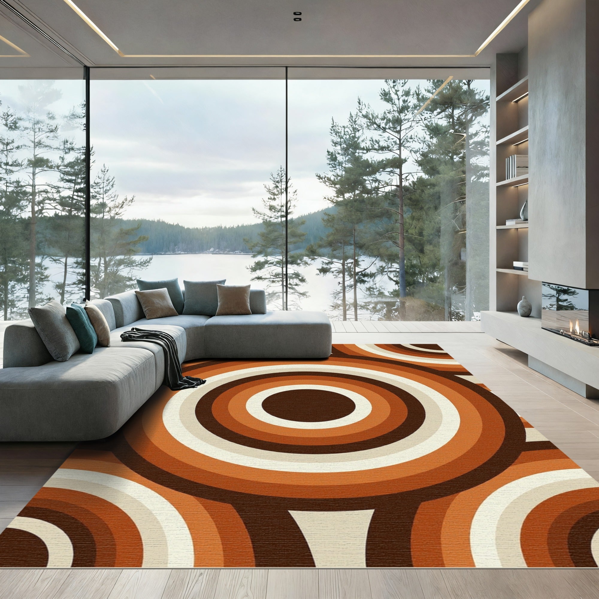 Retro Burnt Orange Concentric Circle Art Rug
