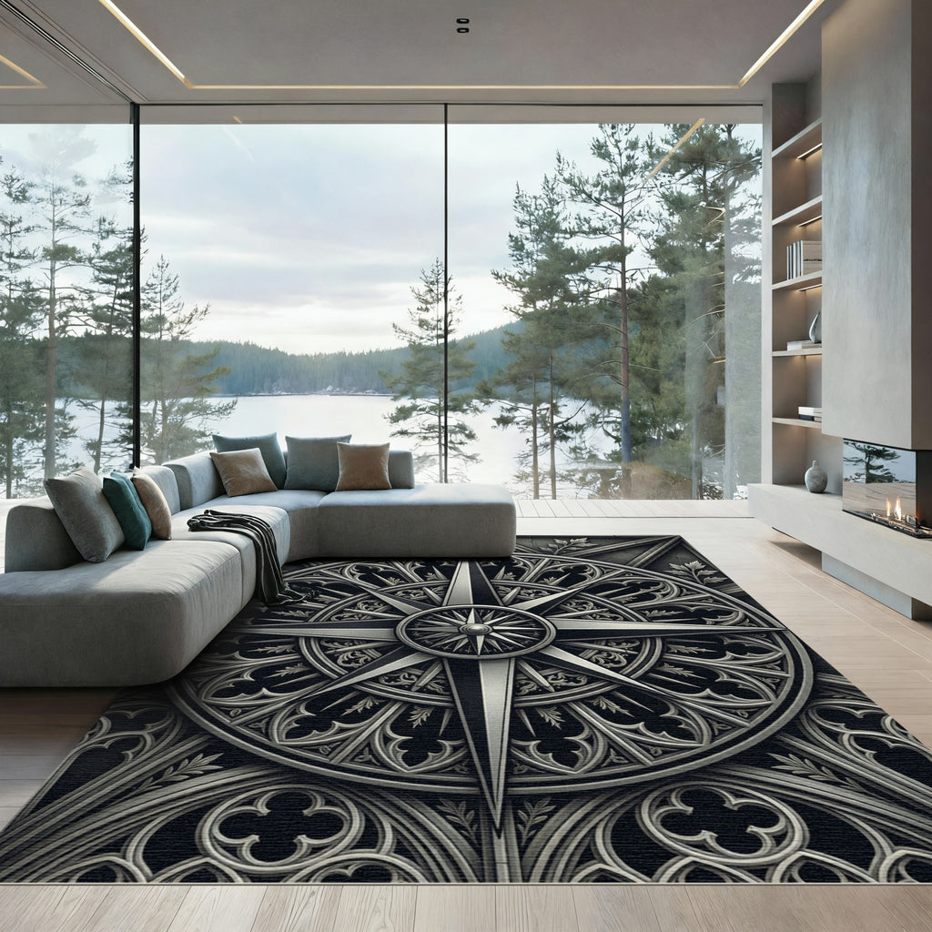 Gothic Silver Compass Star Medallion Rug