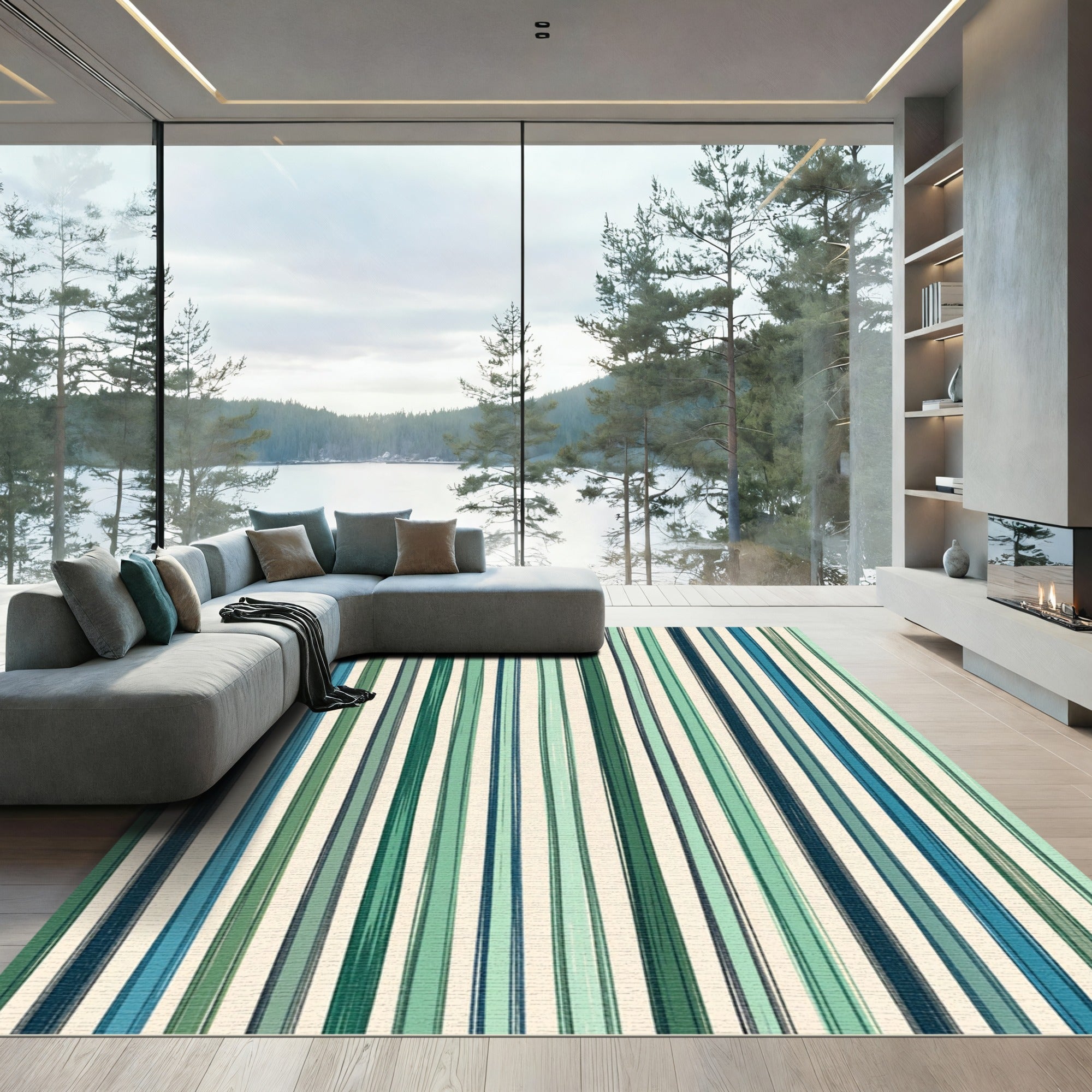 Verdant Blue Linear Brushstroke Stripe Rug