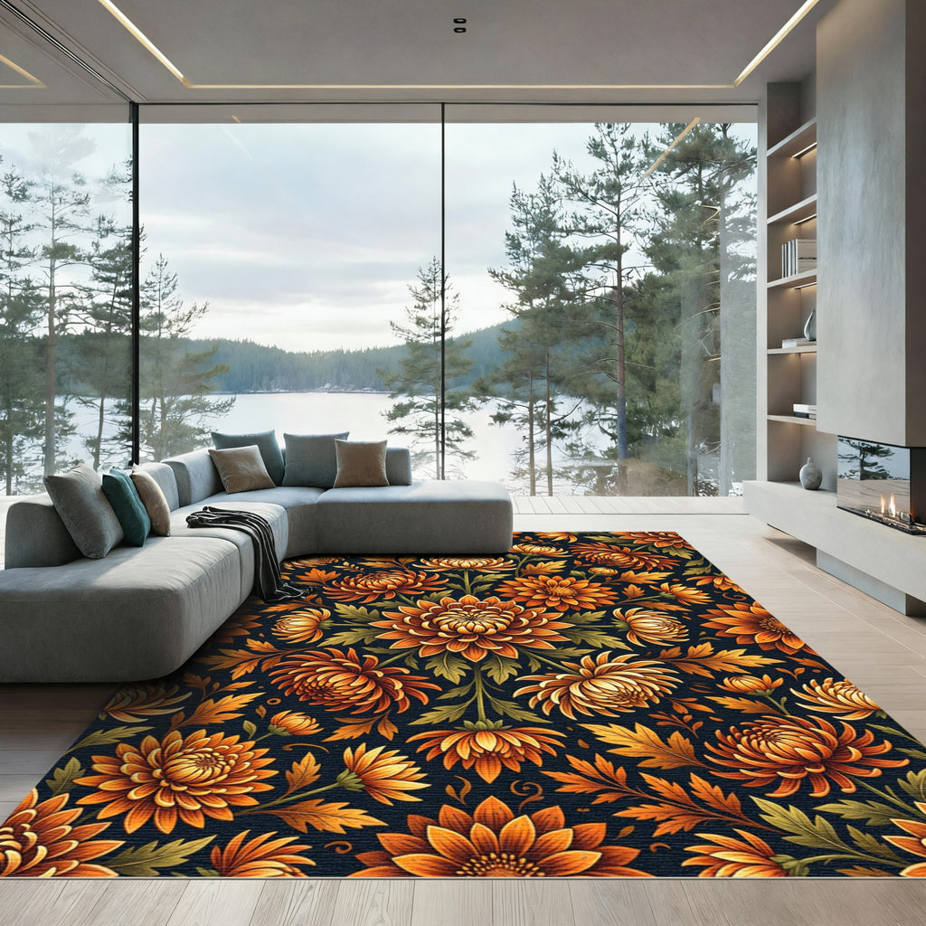 Golden Autumn Chrysanthemum Floral Medallion Rug