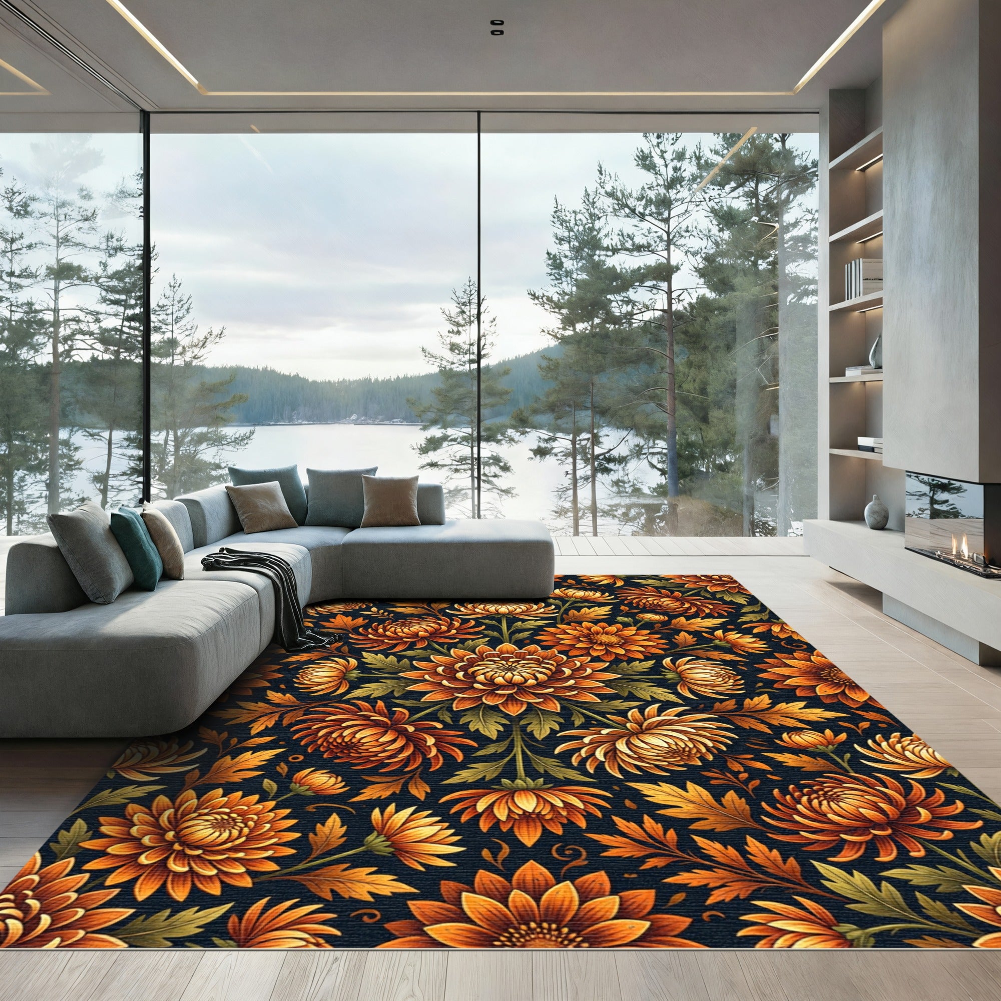 Golden Autumn Chrysanthemum Floral Medallion Rug