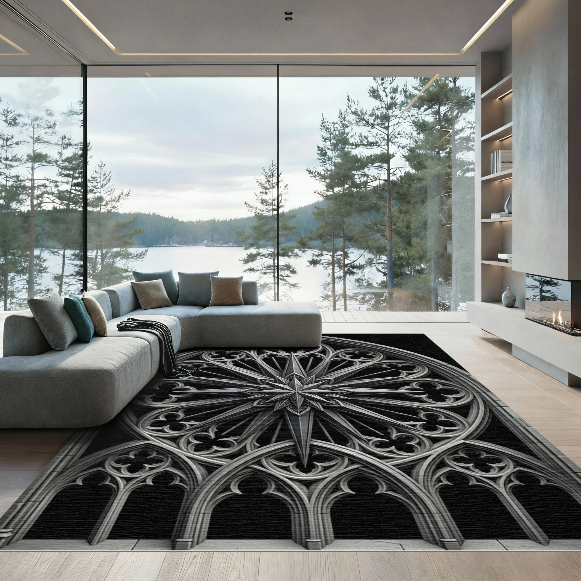 Monochromatic Gothic Starburst Window Medallion Rug