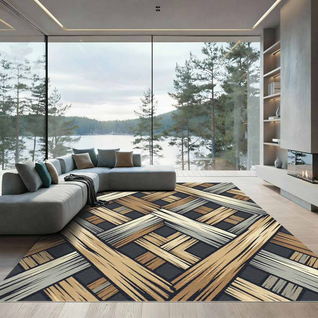 Earthy Woven Geometric Slatted Wood Rug