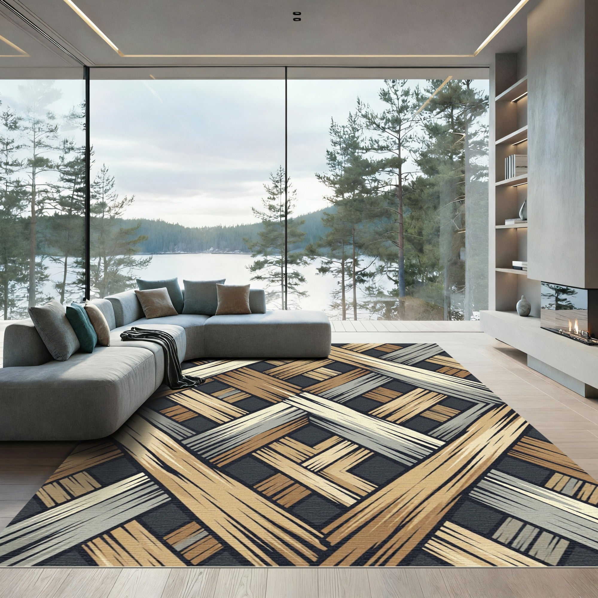 Earthy Woven Geometric Slatted Wood Rug