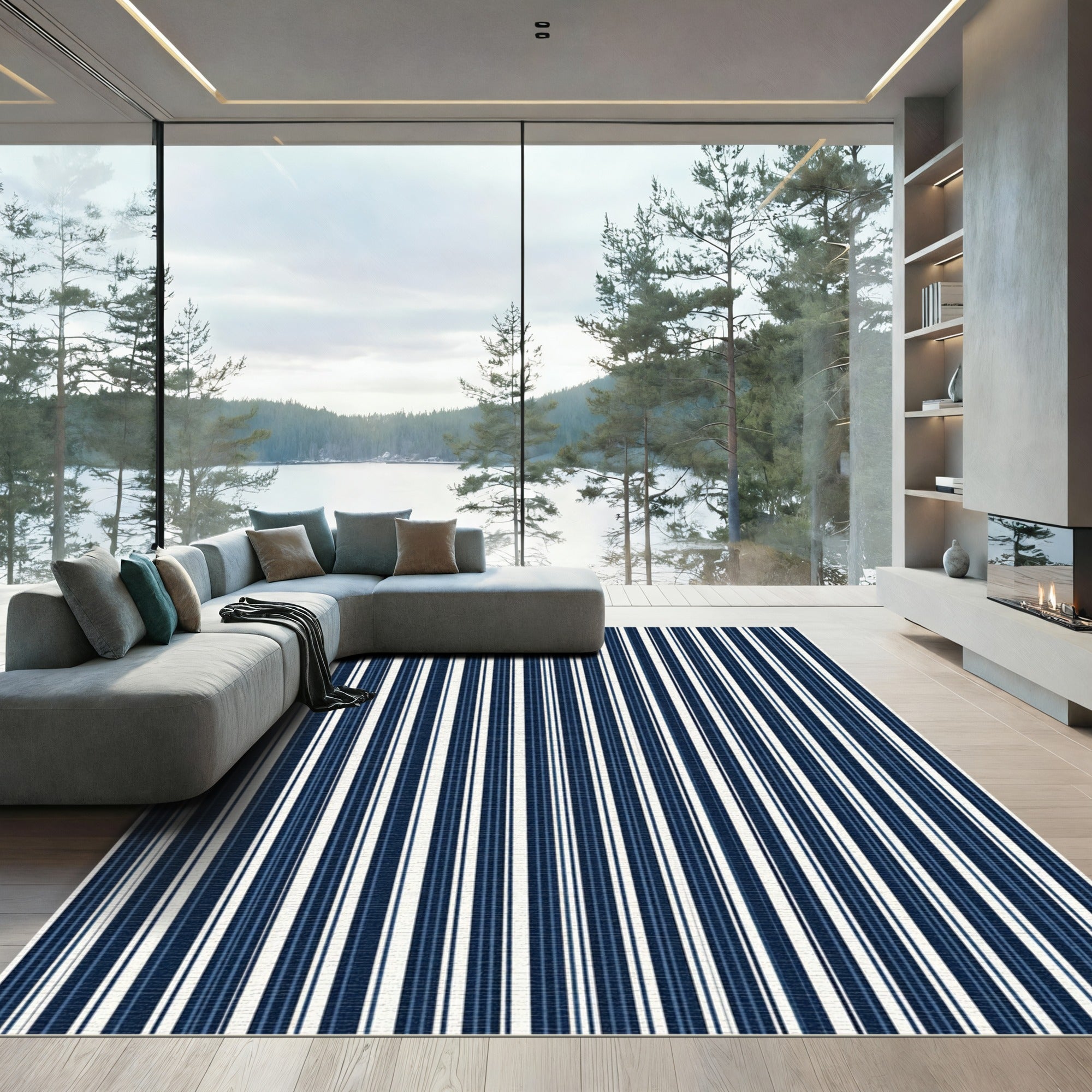 Navy Blue White Vertical Stripe Rug