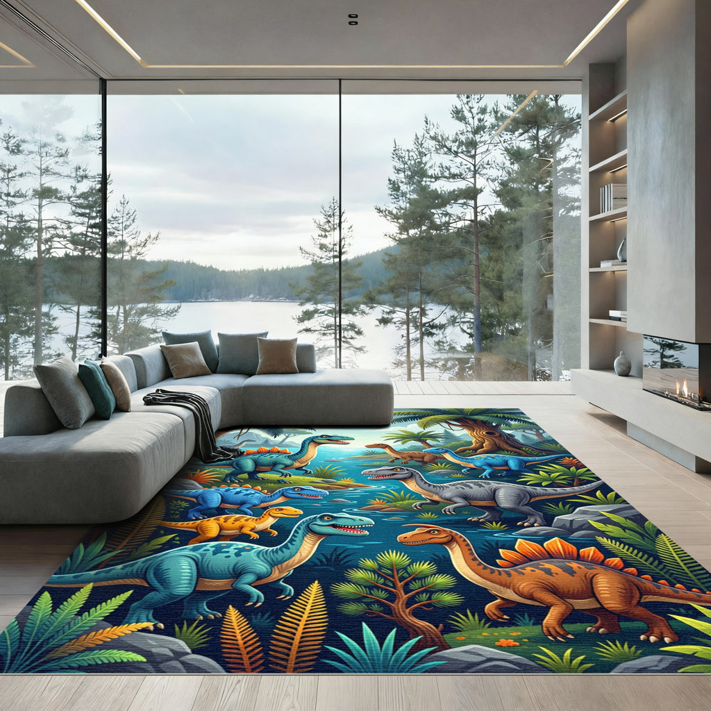 Vibrant Prehistoric Dinosaur Jungle Scene Rug
