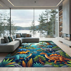 Vibrant Prehistoric Dinosaur Jungle Scene Rug