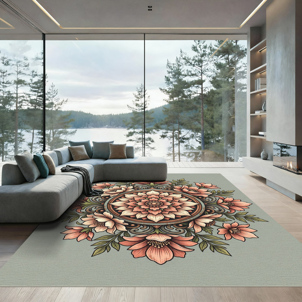 Soft Peach Floral Mandala Medallion Rug