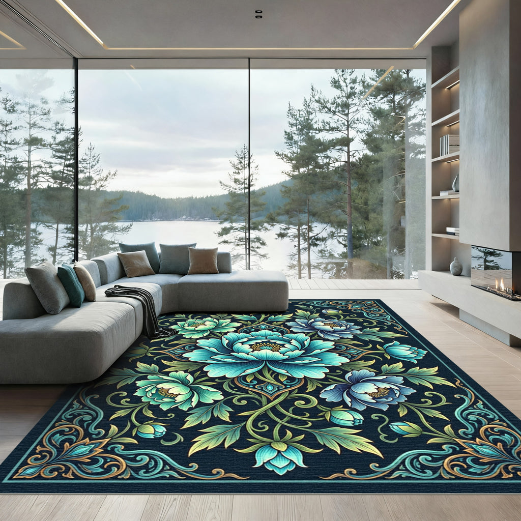 Teal Azure Peony Flourish Medallion Rug