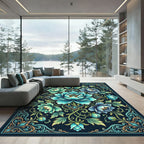 Teal Azure Peony Flourish Medallion Rug