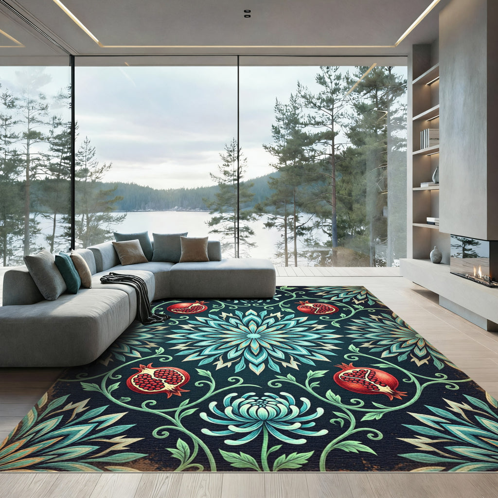 Teal Floral Pomegranate Medallion Rug