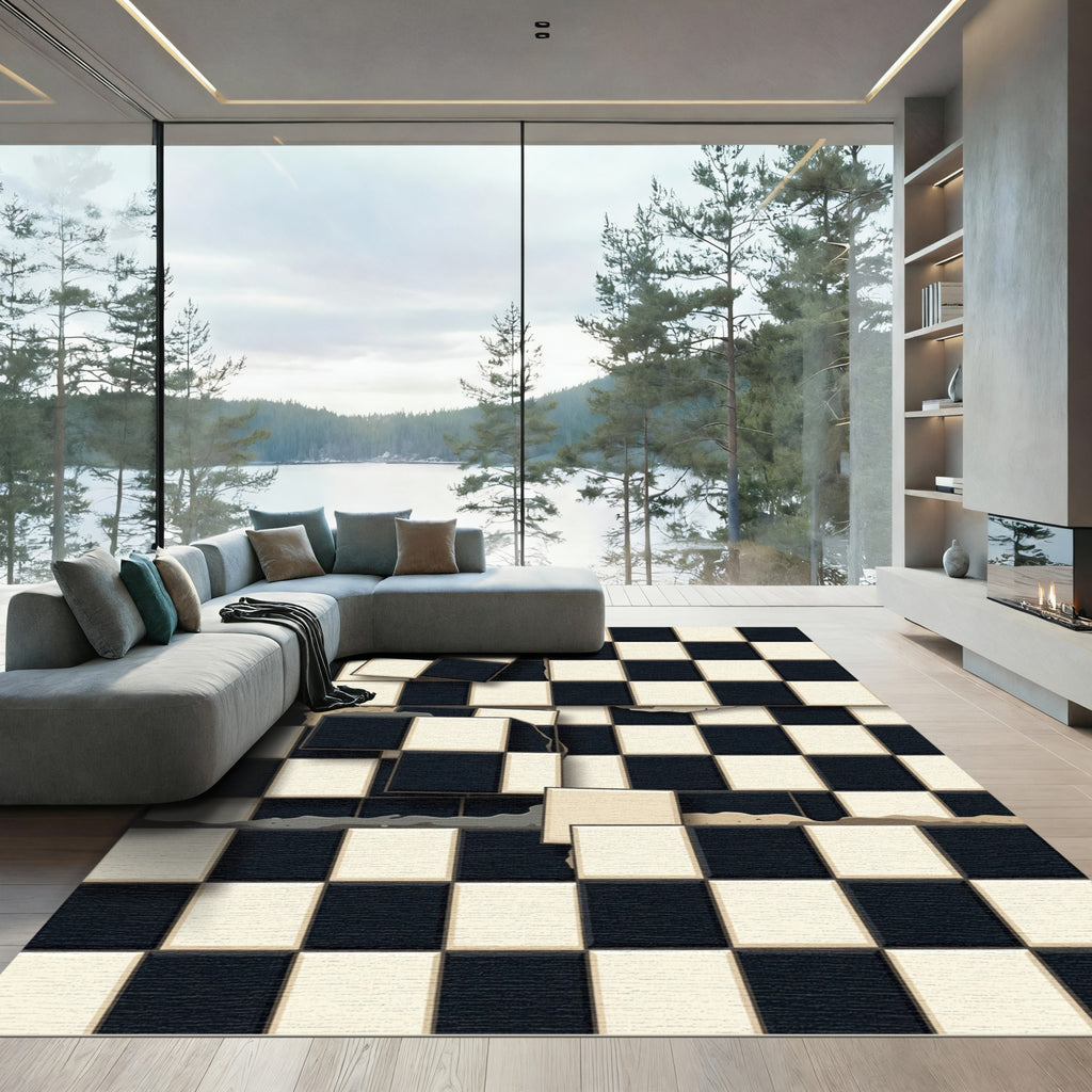 Distressed Black Cream Checkerboard Squares Rug