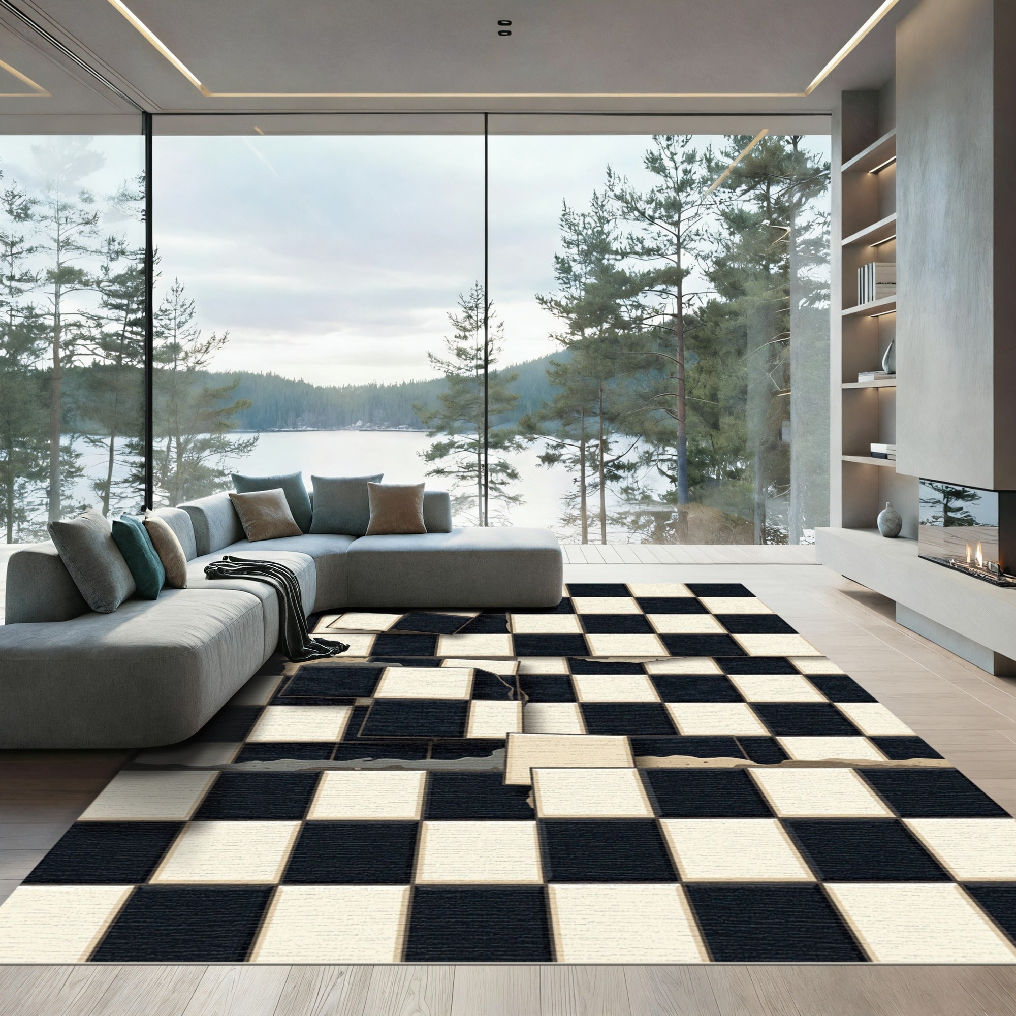 Distressed Black Cream Checkerboard Squares Rug