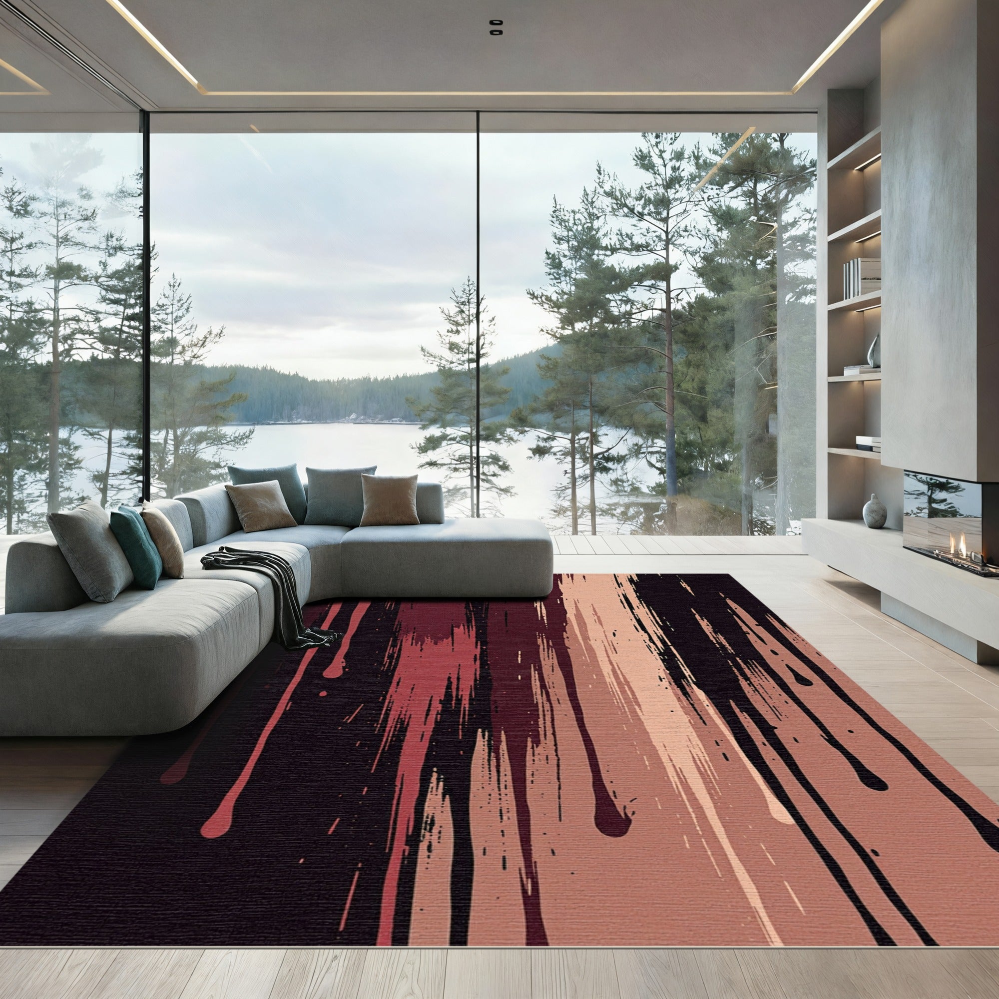 Black and Burgundy Vertical Drip Abstract Rug