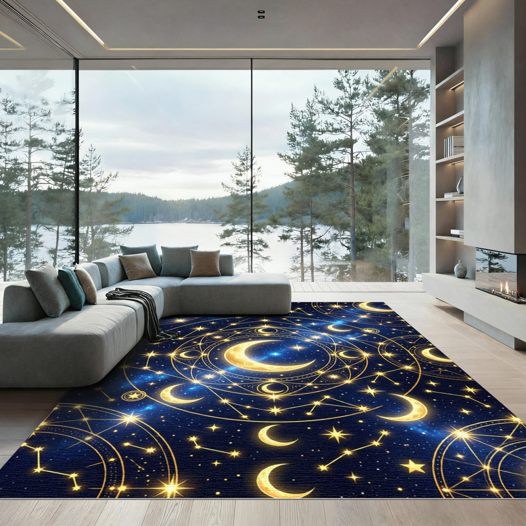 Celestial Gold Moon and Starry Sky Rug