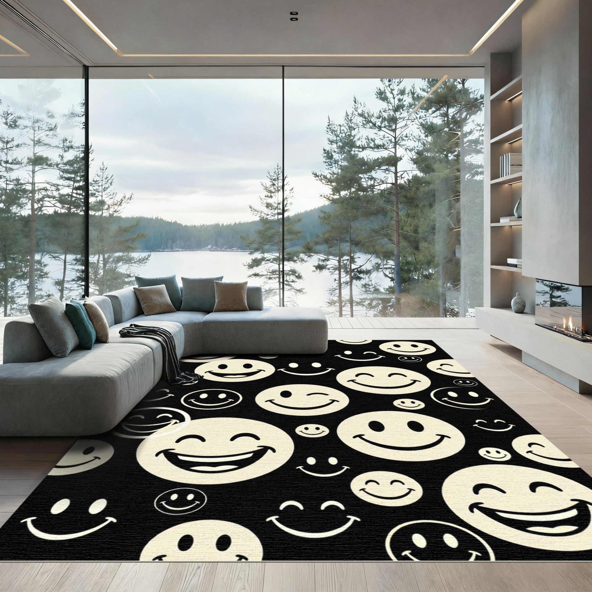 Retro Black and Cream Smiley Icons Rug