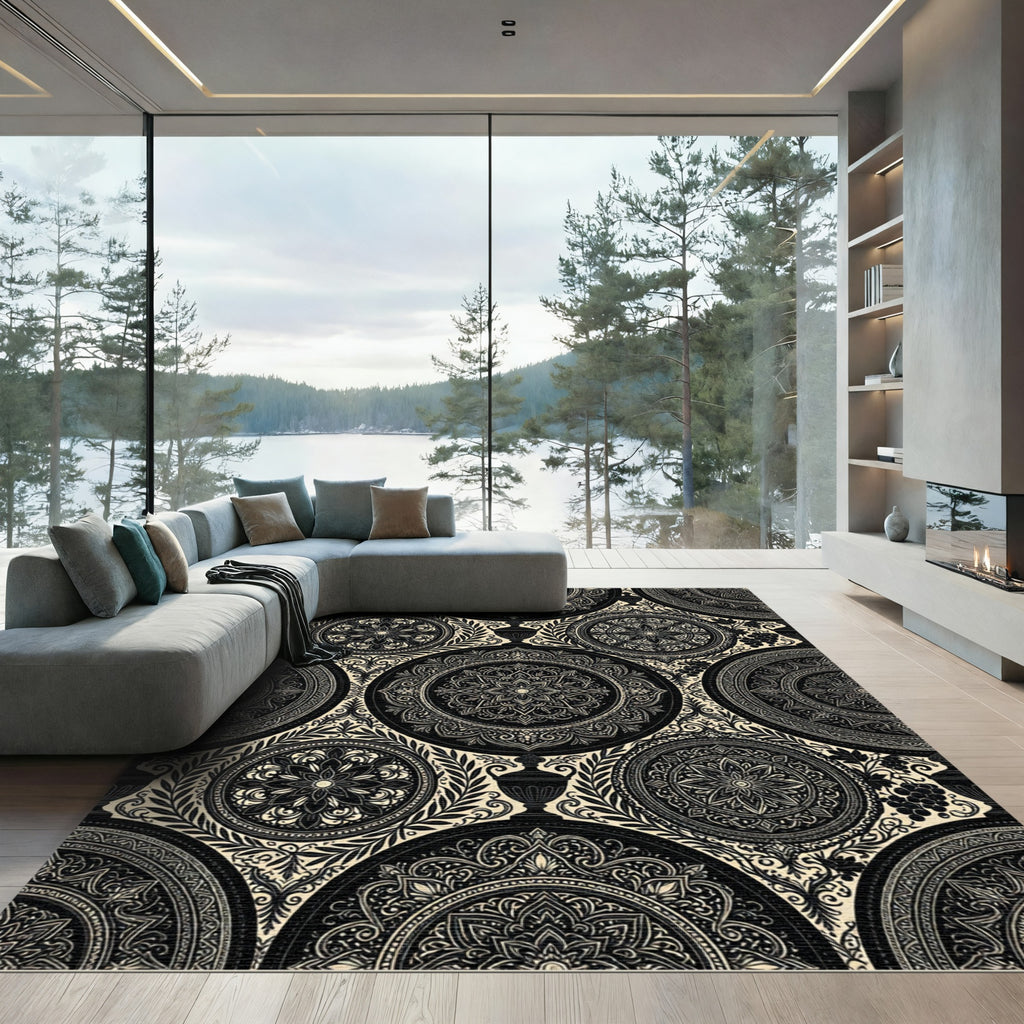 Black Cream Intricate Mandalas Floral Vines Rug