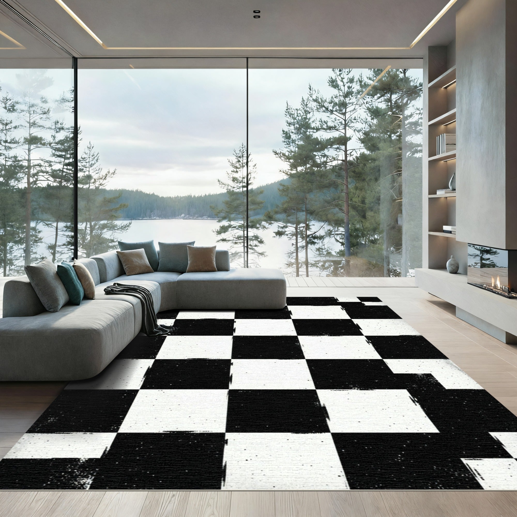 Bold Black and White Checkered Square Art Rug