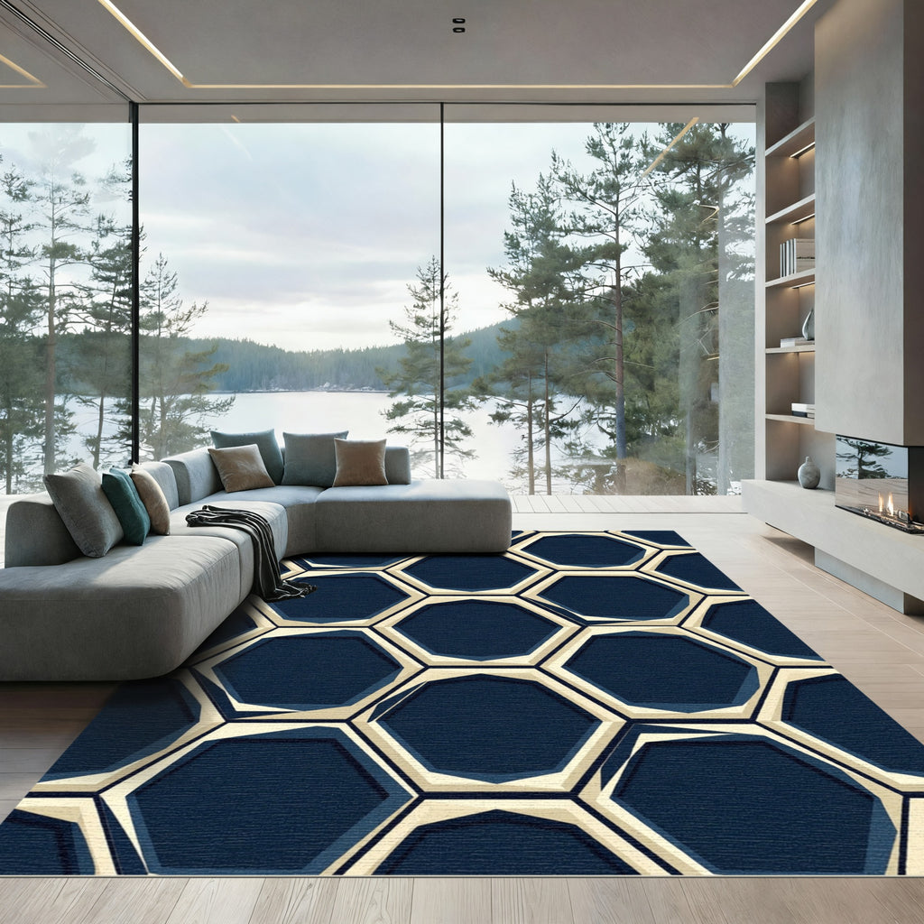 Navy and Cream Geometric Hexagon Rug