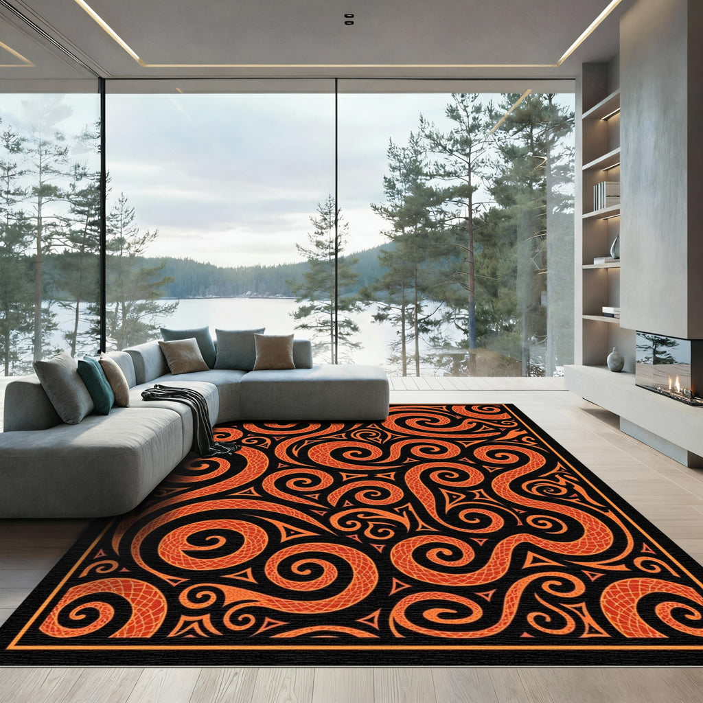 Orange Serpent Swirl Abstract Composition Rug