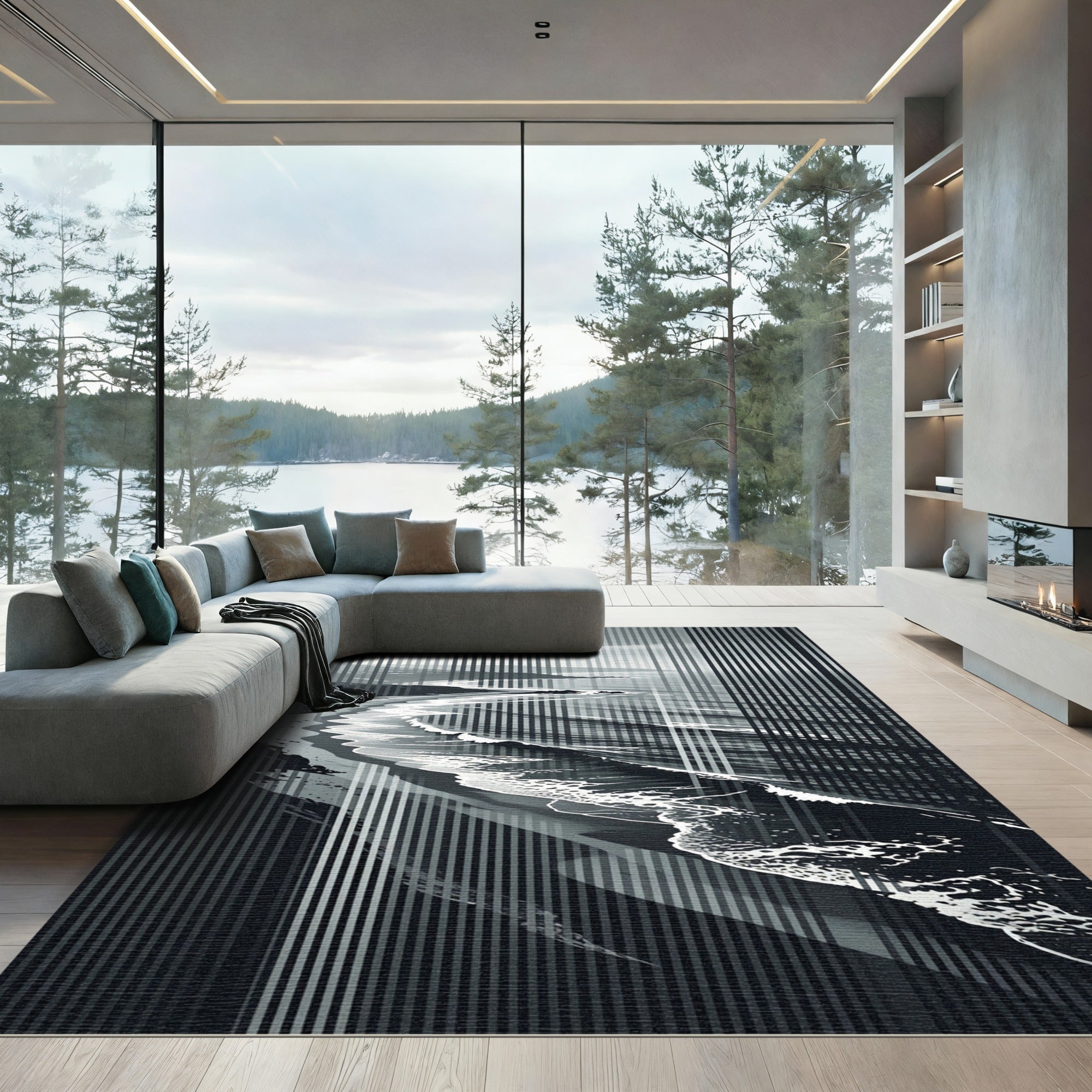 Monochrome Coastal Abstract Striped Art Rug