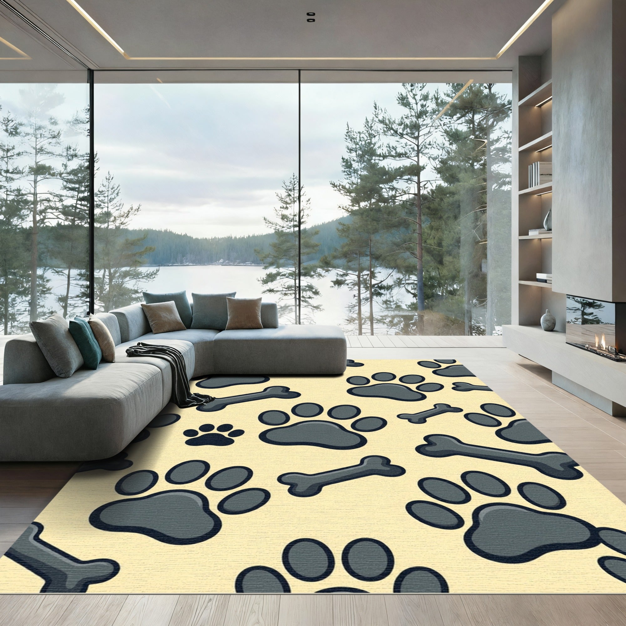 Playful Cream and Charcoal Paw Bones Rug