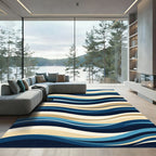 Modern Abstract Blue and Beige Waves Rug
