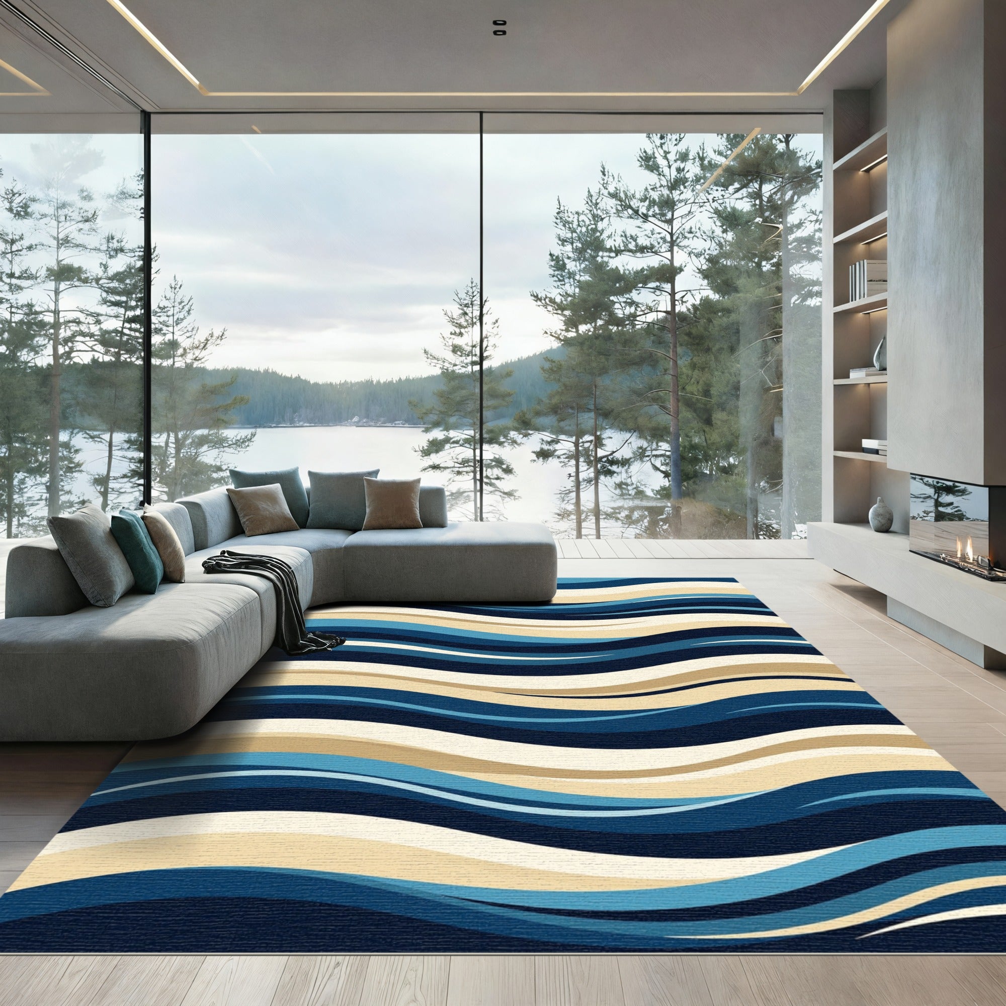 Modern Abstract Blue and Beige Waves Rug