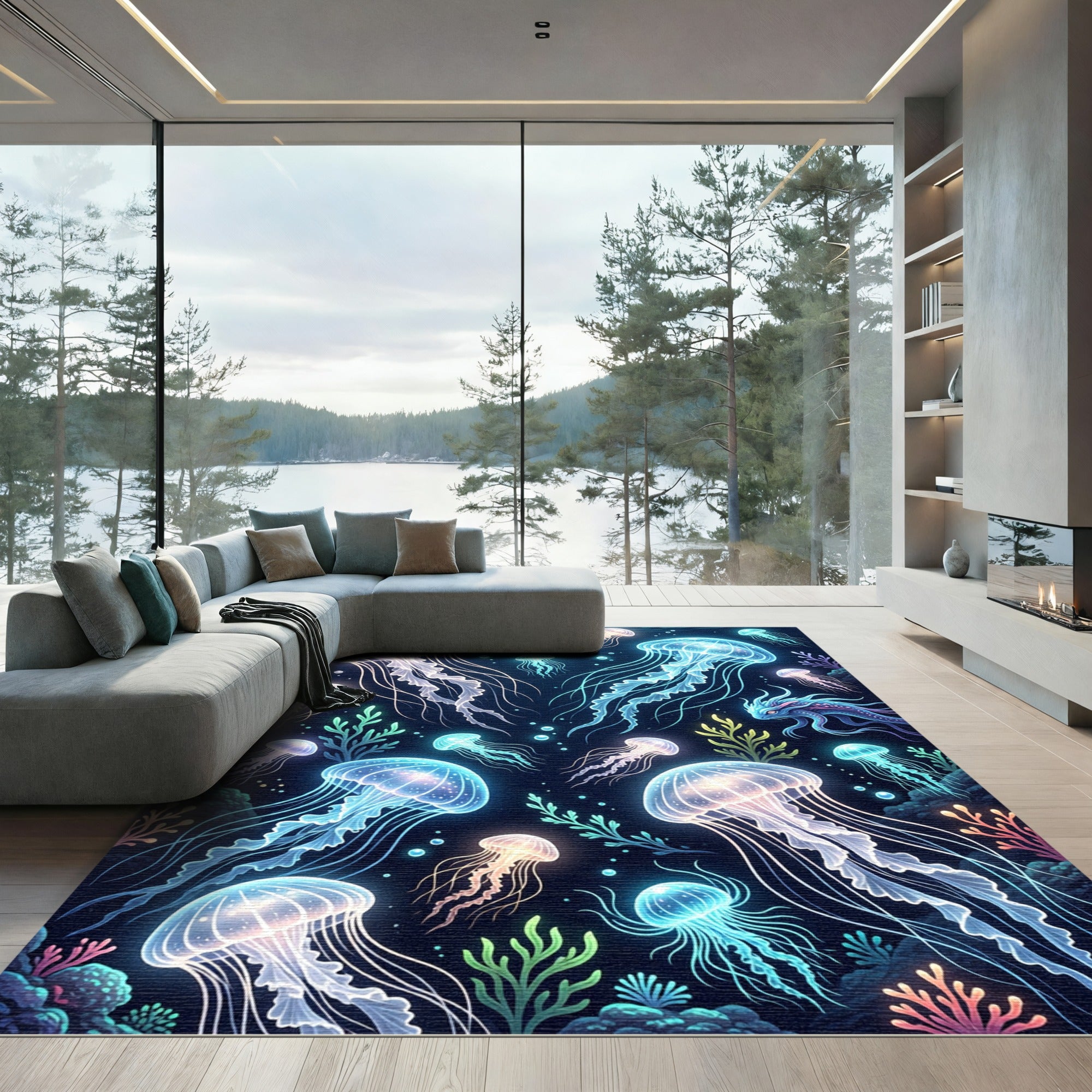 Luminous Neon Jellyfish Deep Sea Mural Rug