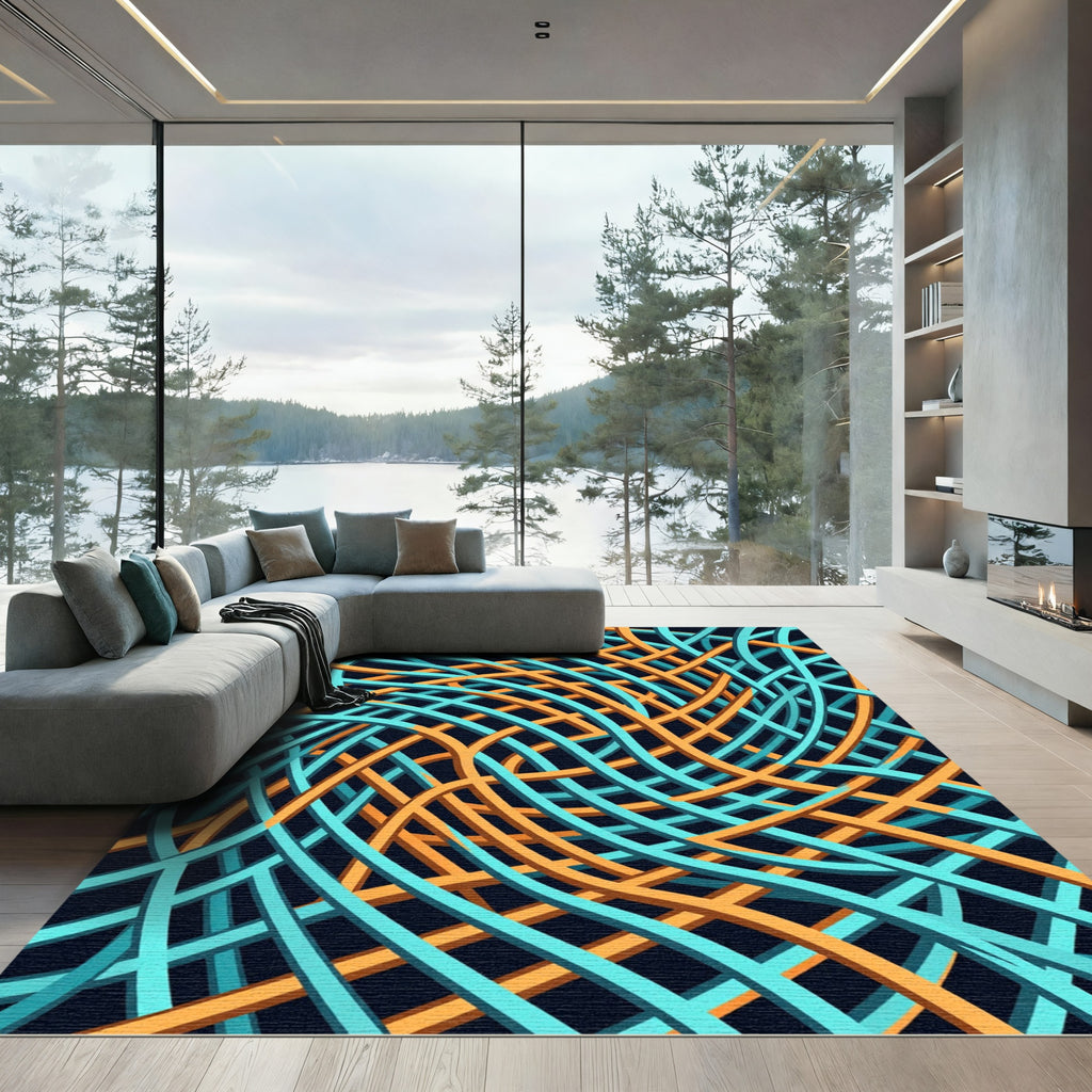 Modern Teal and Gold Woven Grid Rug