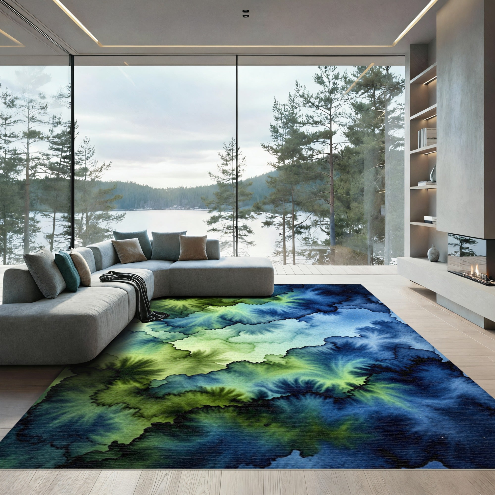Ethereal Blue and Green Watercolor Cloud Rug