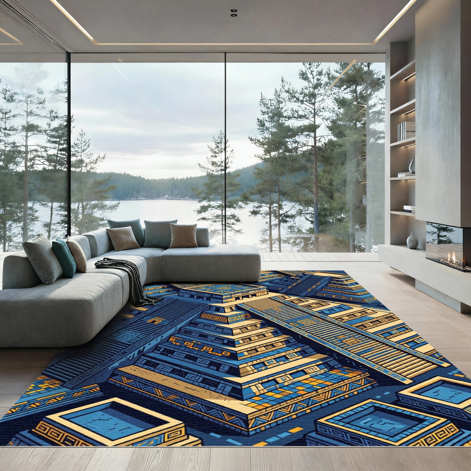 Golden Aztec Pyramid Geometric Indigo Tile Rug