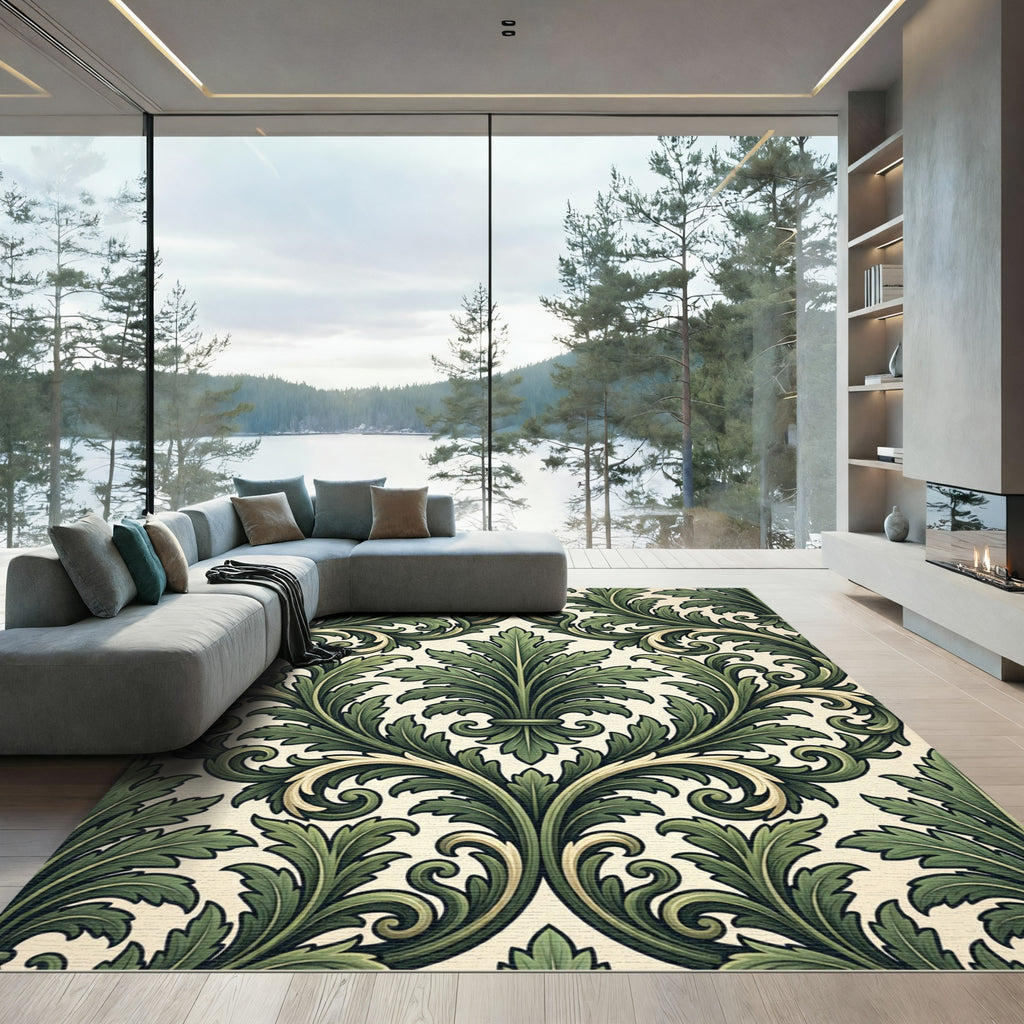 Elegant Emerald Green Acanthus Damask Rug