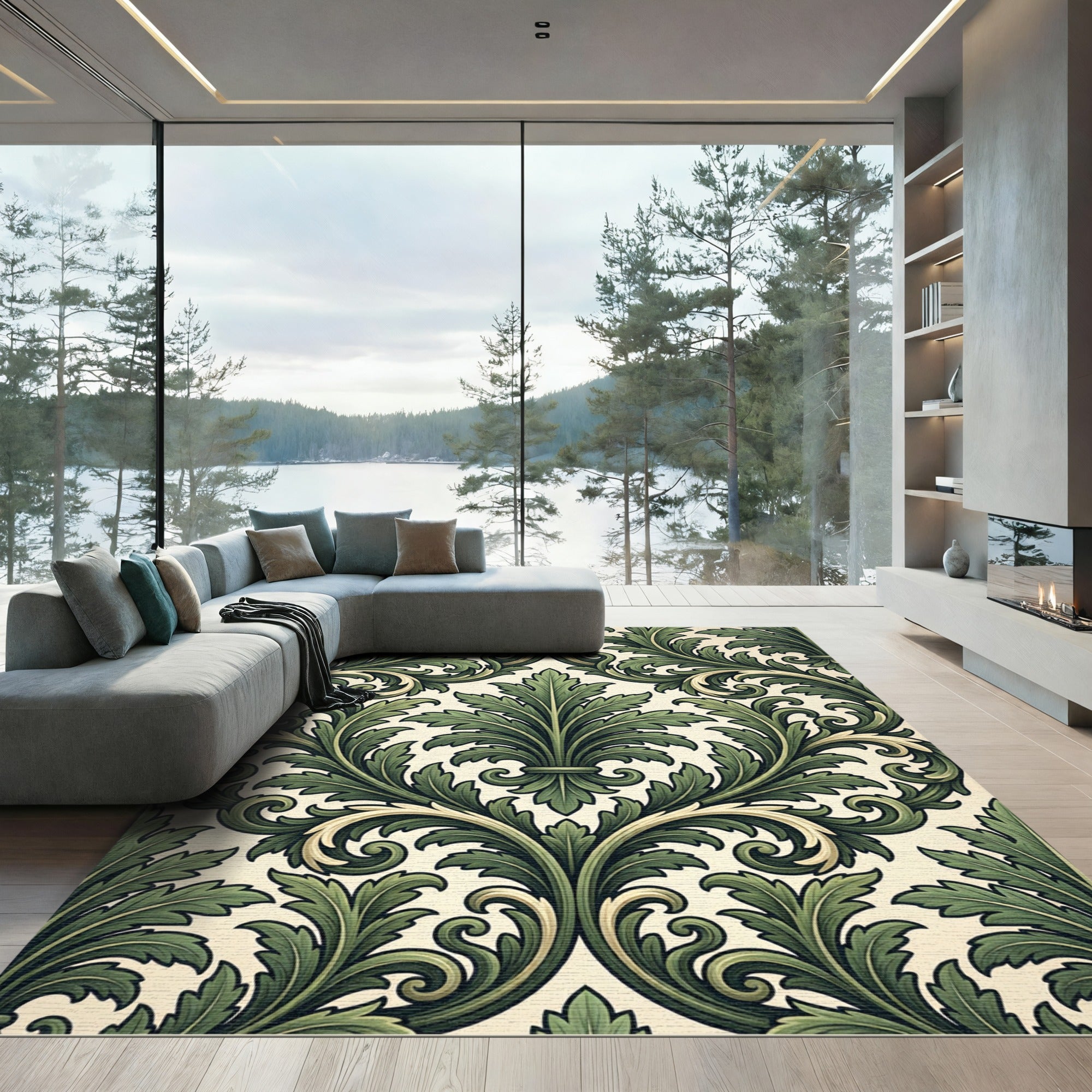 Elegant Emerald Green Acanthus Damask Rug