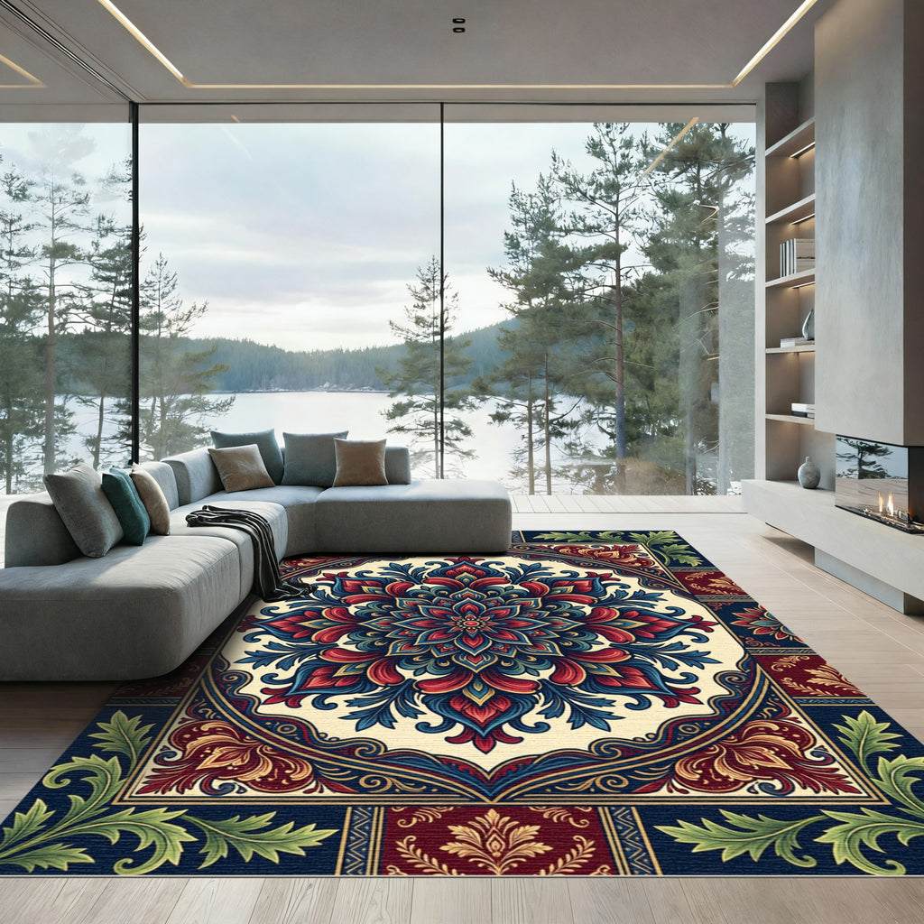 Vivid Crimson Blue Floral Mandala Art Rug