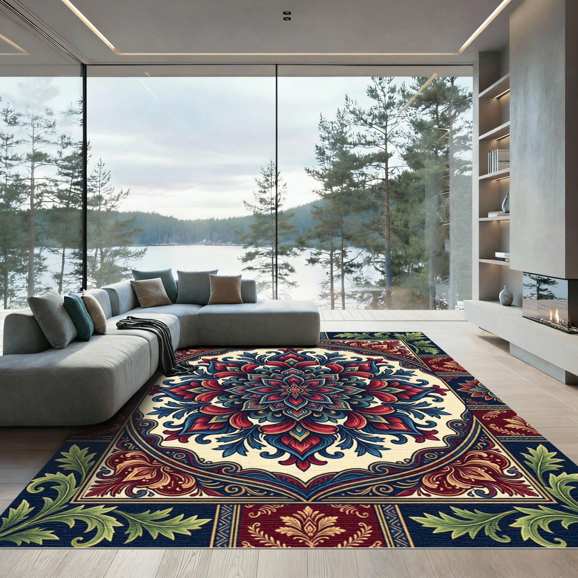 Vivid Crimson Blue Floral Mandala Art Rug