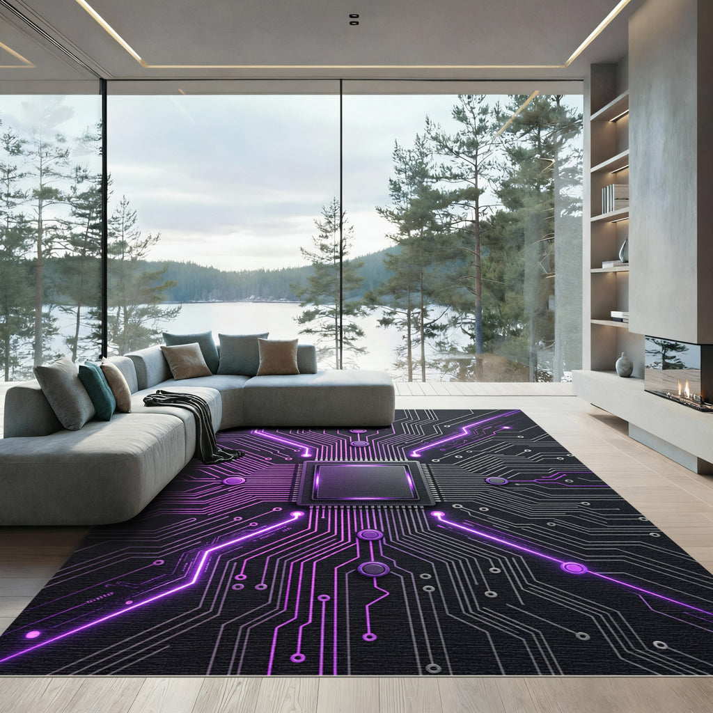 Cyber Neon Circuit Board Digital Art Rug