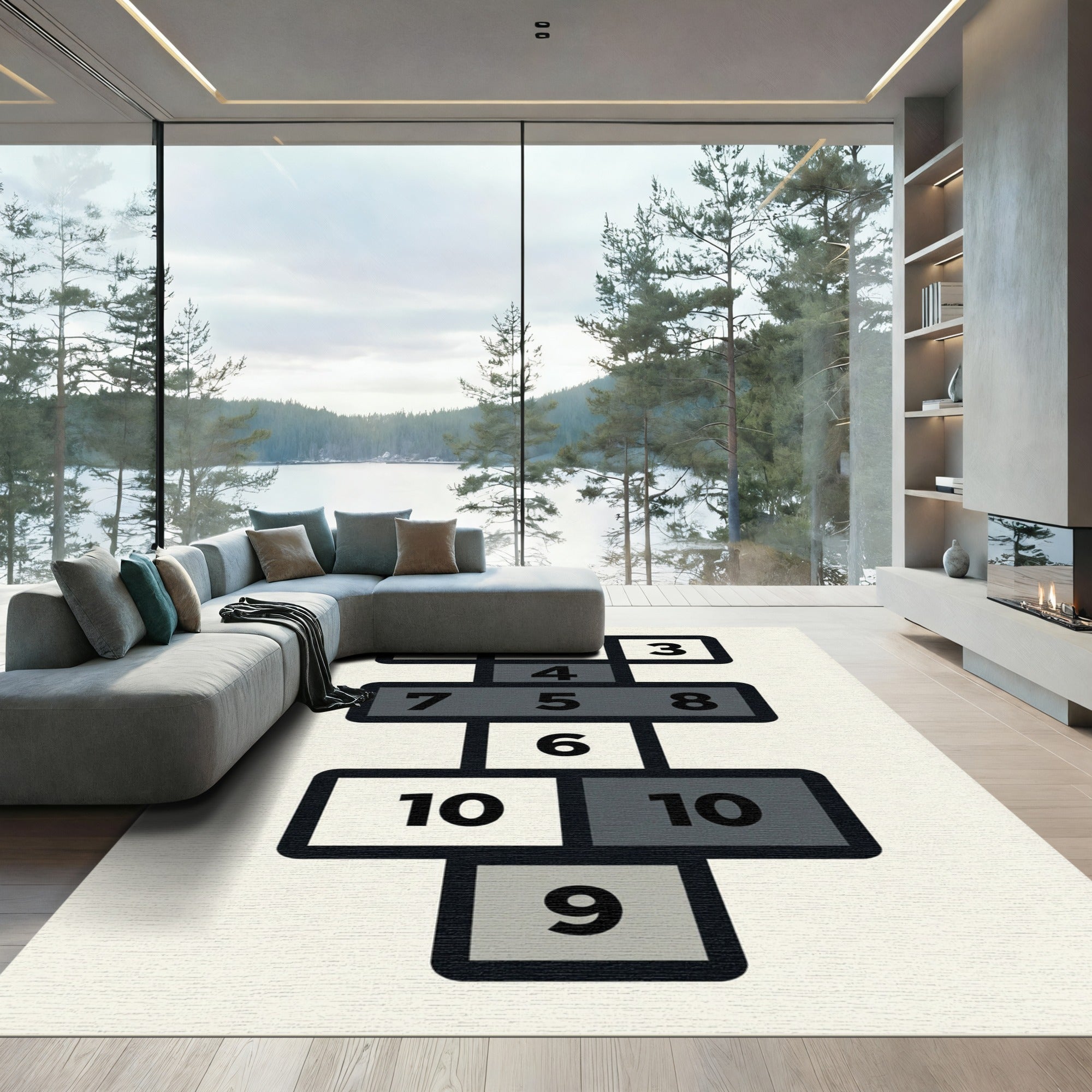 Minimalist Monochrome Geometric Hopscotch Grid Rug
