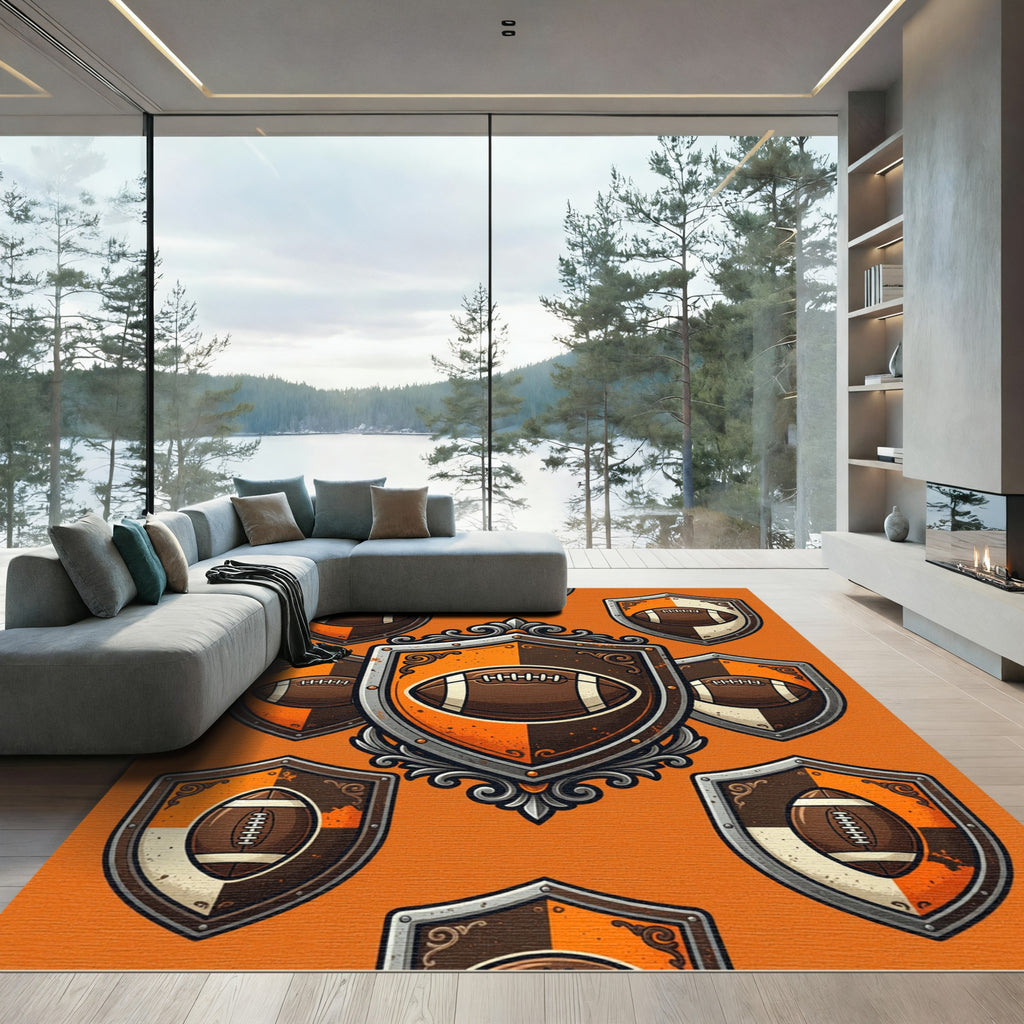 Embossed Football Crest Iron Orange Shield Rug