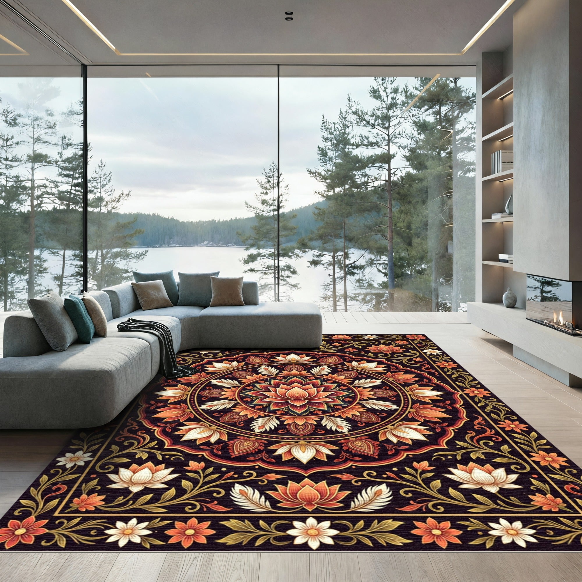 Intricate Orange Crimson Lotus Mandala Rug