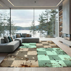 Distressed Teal and Taupe Checkered Grid Rug