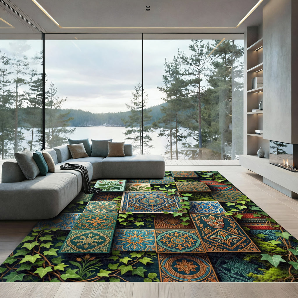 Emerald Teal Floral Medallion Mosaic Rug