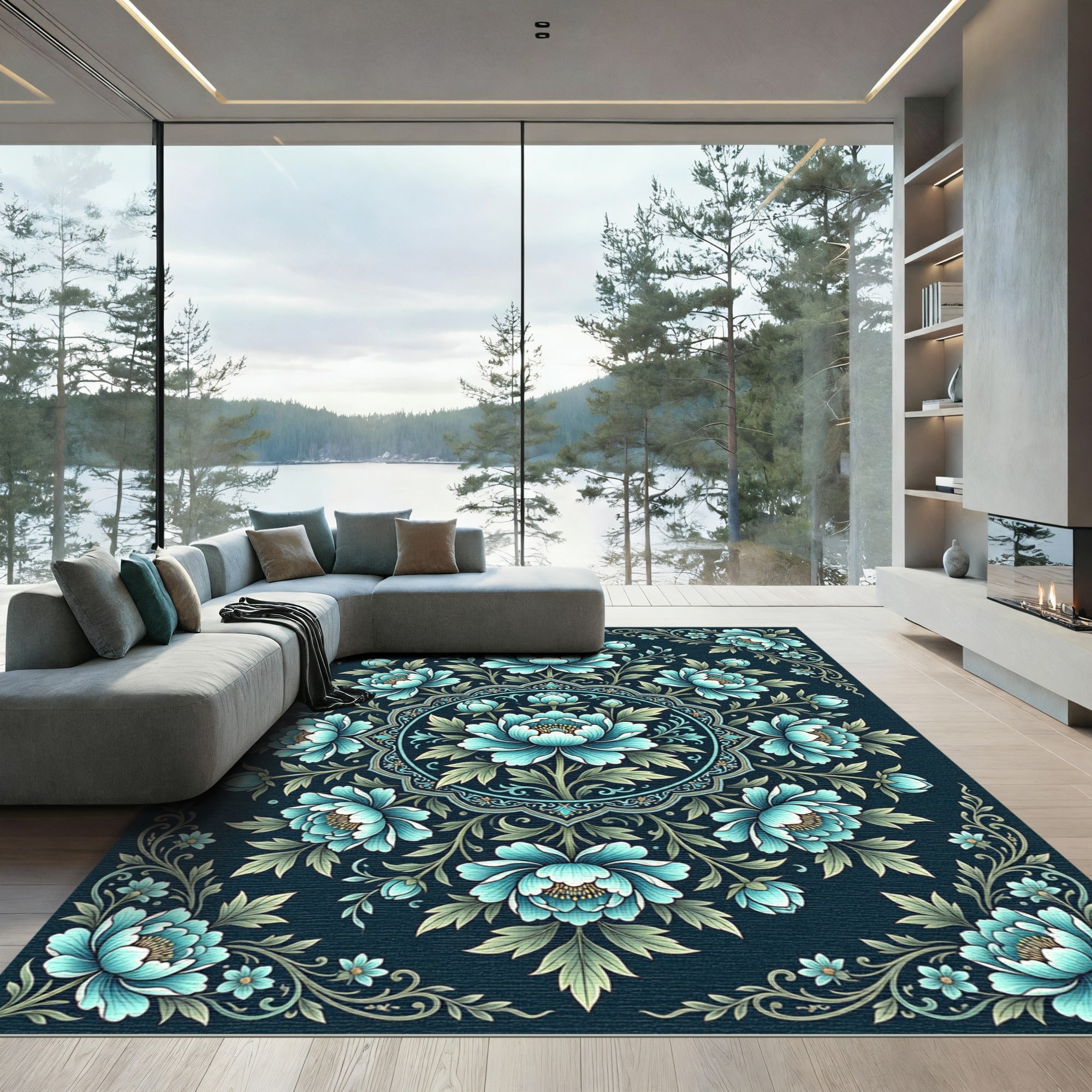 Elegant Teal Floral Medallion Symphony Rug