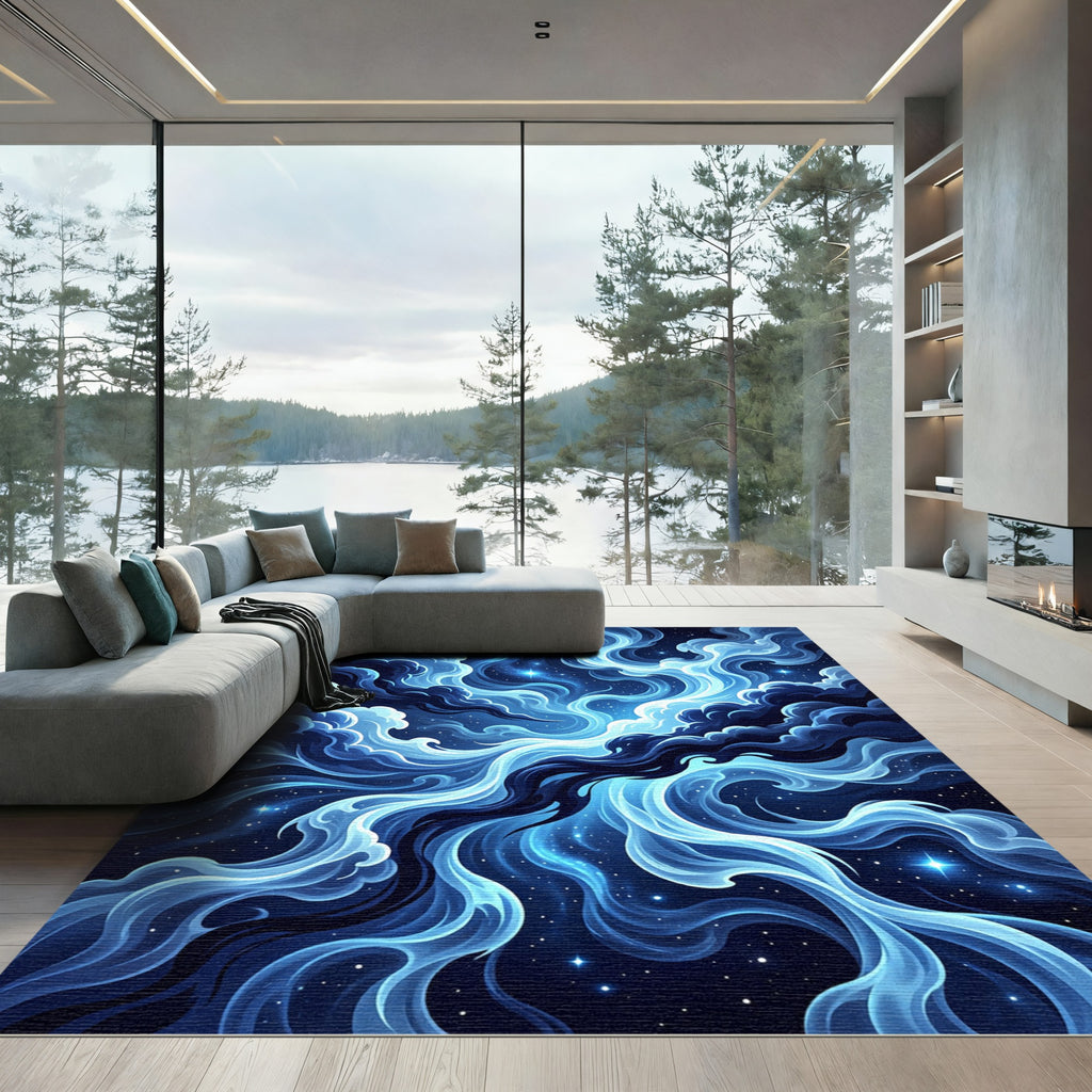 Deep Blue Cosmic Swirl Galaxy Rug
